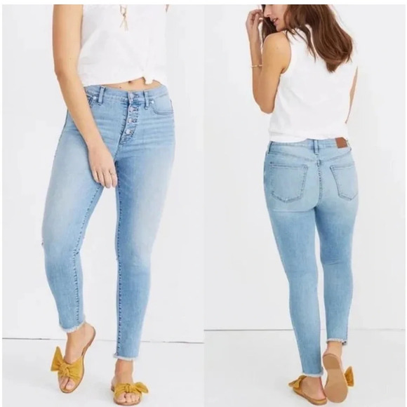 Madewell High Rise Skinny Crop Button Front Raw Hem Light Blue - Picture 2 of 13
